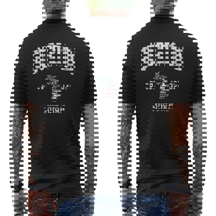 Burton Michigan Mi ヴィンテージ アメリカ国旗 スポーツデザイン メンズTシャツ バックプリント