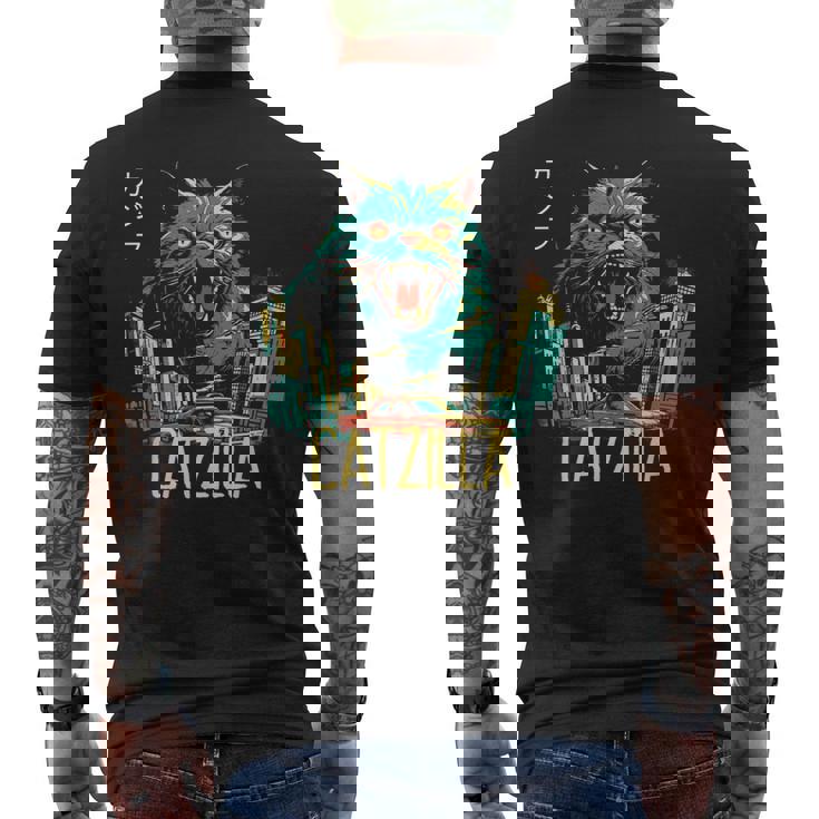 Catzilla ビンテージ 面白い かわいい 猫 アート メンズTシャツ バックプリント