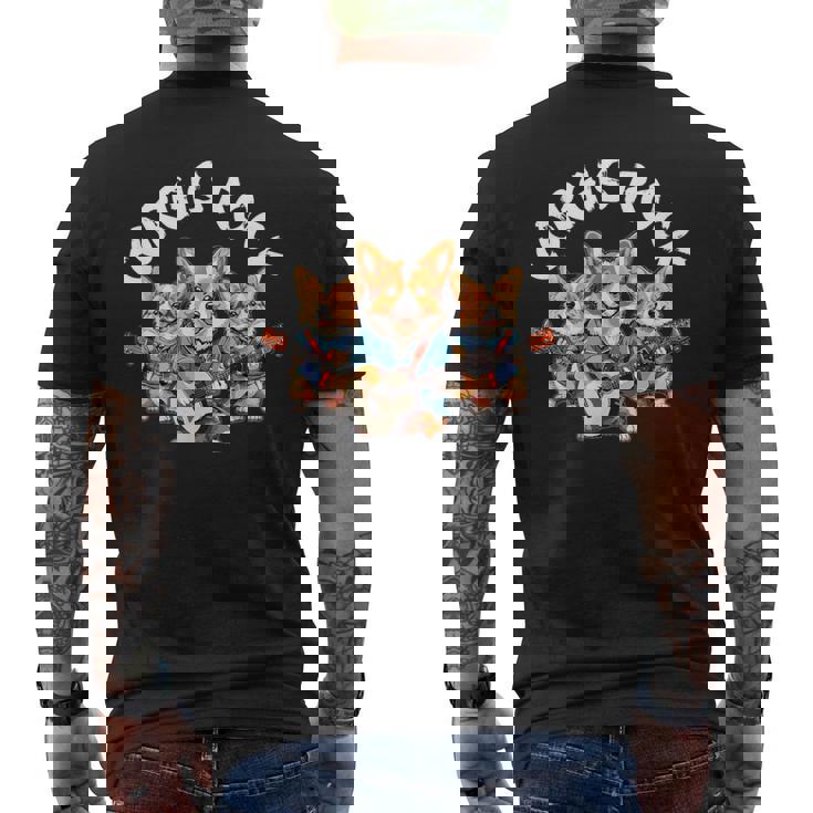 Corgis Rock かわいいコーギー犬トリオ ロックアウト ギターを弾く メンズTシャツ バックプリント