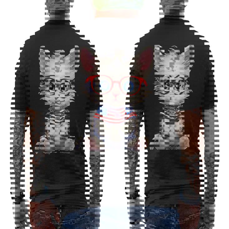 Gatito Patriótico Con Gafas Rojo Blanco Azul Camiseta Hombre Estampado Espalda
