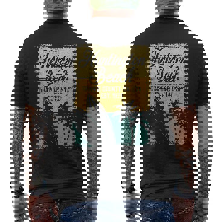 Huntington Beachurf City California アンティーク調サーフィン メンズTシャツ バックプリント