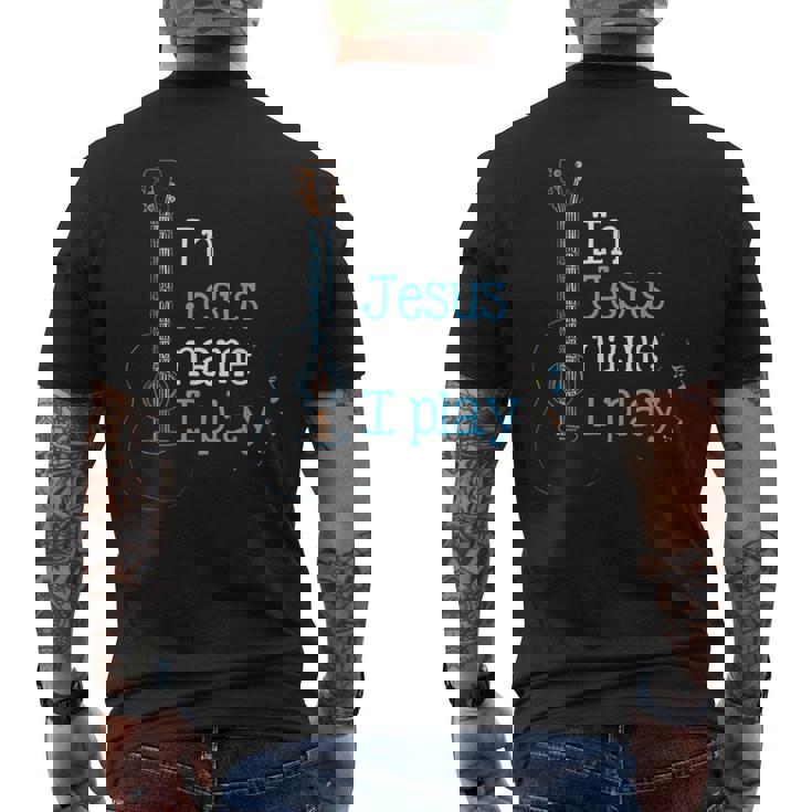 In Jesus ネームi Play ギター クリスチャン ヴィンテージギタープレーヤー メンズTシャツ バックプリント
