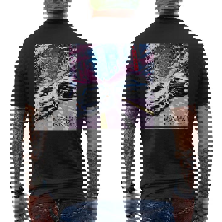 Jdm レースカーズ 東京ストリート ドリフト アニメ風 桜 メンズTシャツ バックプリント