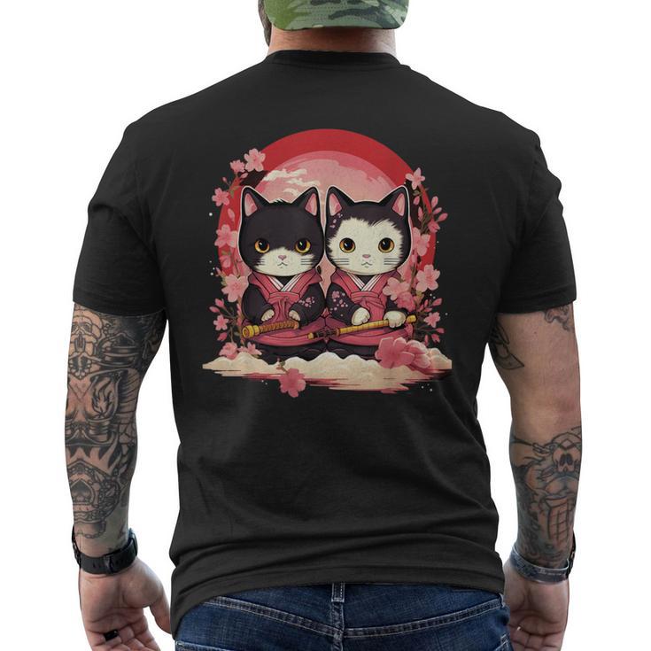 Kawaii Japonés Parejasamurai Ninja Gatos Guerrero Arte Camiseta Hombre Estampado Espalda