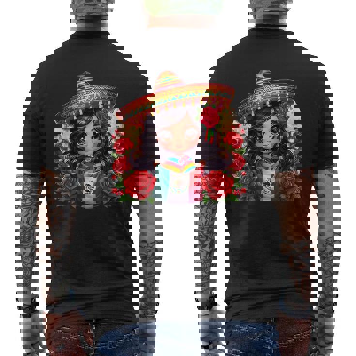 Long Haired Curvy Mexican Chibi Zarape Roses Mexican Pride メンズTシャツ バックプリント