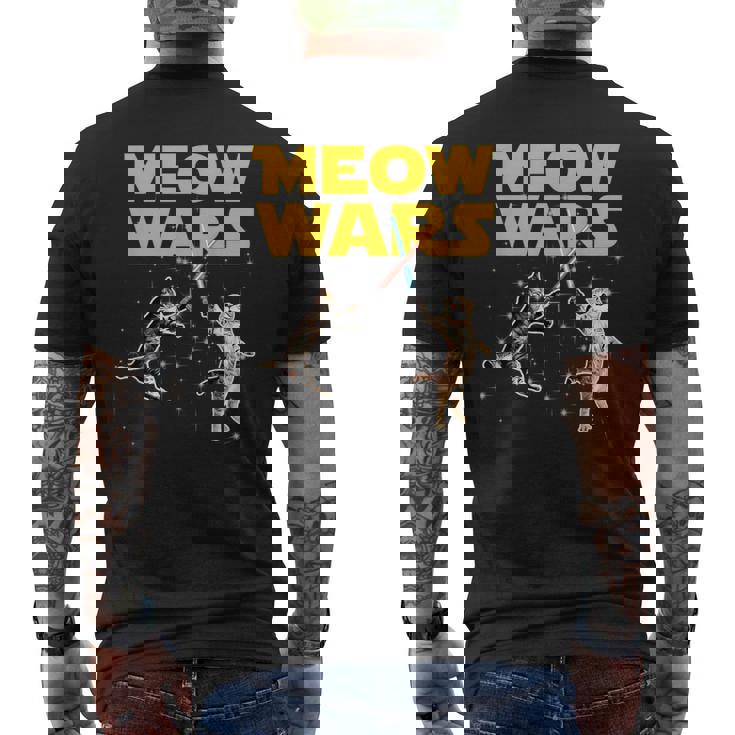 Meow Wars 猫好きのための面白いグラフィック メンズTシャツ バックプリント