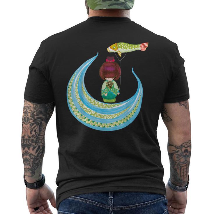 Muñeca Japonesa Tradicional Y Bandera De La Carpa Kokeshi Camiseta Hombre Estampado Espalda