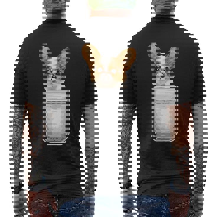 Papillon パピヨン 子犬 ポケットの中の犬 メンズTシャツ バックプリント