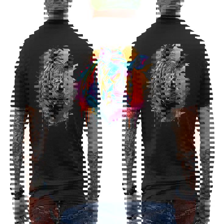 Rhinoceros アートワーク ポートレート 動物 アート カラフル スプラッシュ サイ メンズTシャツ バックプリント