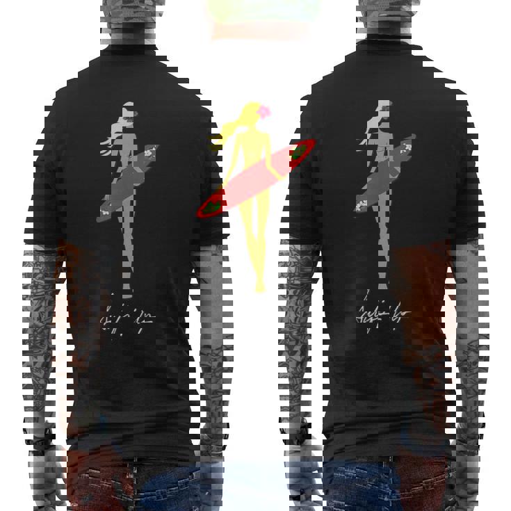 Surfs Up トロピカルブロンドサーファーガール メンズTシャツ バックプリント