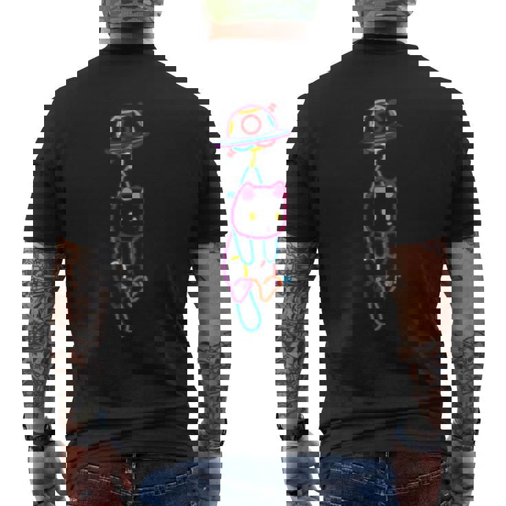 Ufoにつられるねこ ネオンカラー かわいい ねこ好き おもしろ メンズTシャツ バックプリント