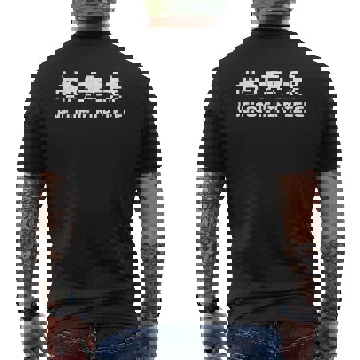 We Come In Piece レトロゲーム 90年代アーケードゲームピクセルアート メンズTシャツ バックプリント