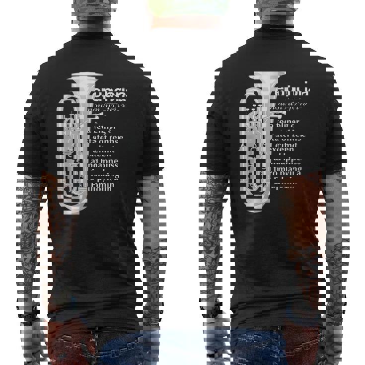 「Euphoria」吹奏楽のためのユーフォニアムユーモア 面白いユーフォニアム メンズTシャツ バックプリント