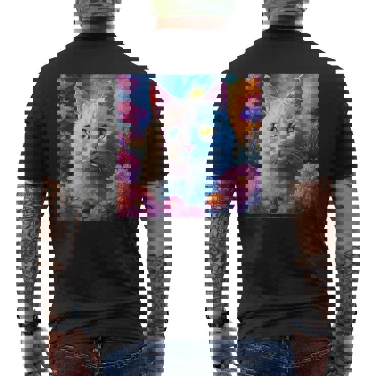 「お花畑のルディ猫」 油絵風ファンタジーアート 綺麗 かわいい オッドアイ リアル メンズTシャツ バックプリント