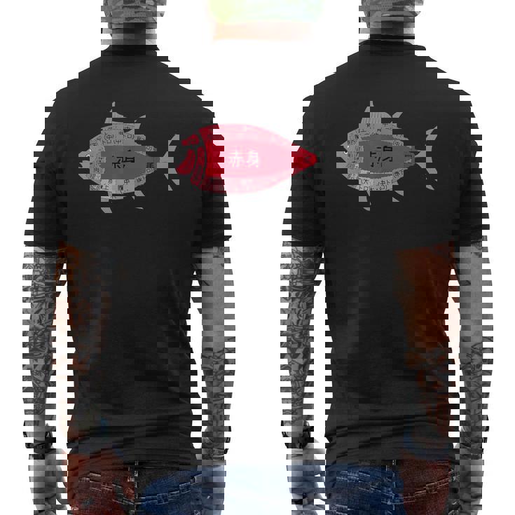 【マグロ部位】肉の部位 鮪 魚 寿司 釣り 水産 漁師 鮨 まぐろ 定食 部位 おもしろ 面白い ネタ ウケ狙い メンズTシャツ バックプリント