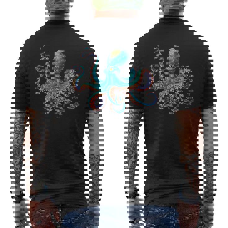 かわいい タコ カラフル ヴィンテージ ブルー イカ クラーケン スキューバ ダイビング メンズTシャツ バックプリント