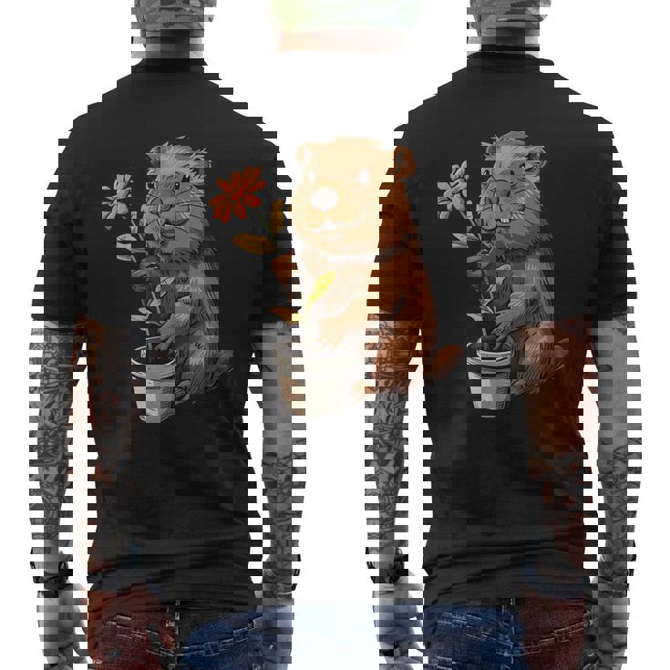 かわいいコスチューム愛好家のための鉢植えのハッピービーバー メンズTシャツ バックプリント