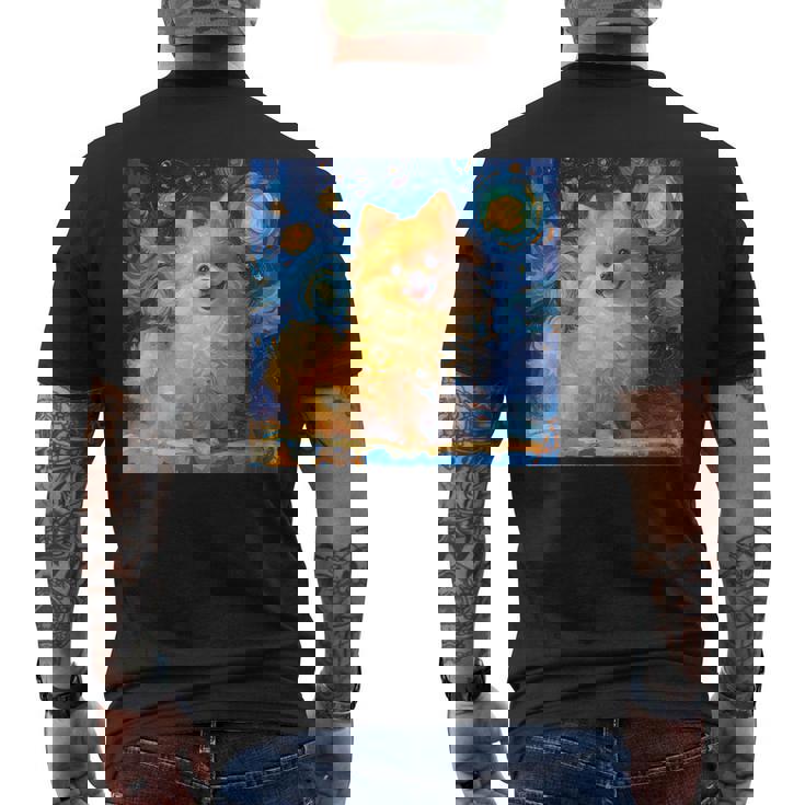 かわいいポメラニアン犬 星月夜 ヴィンセント・ヴァン・ゴッホ絵画 メンズTシャツ バックプリント