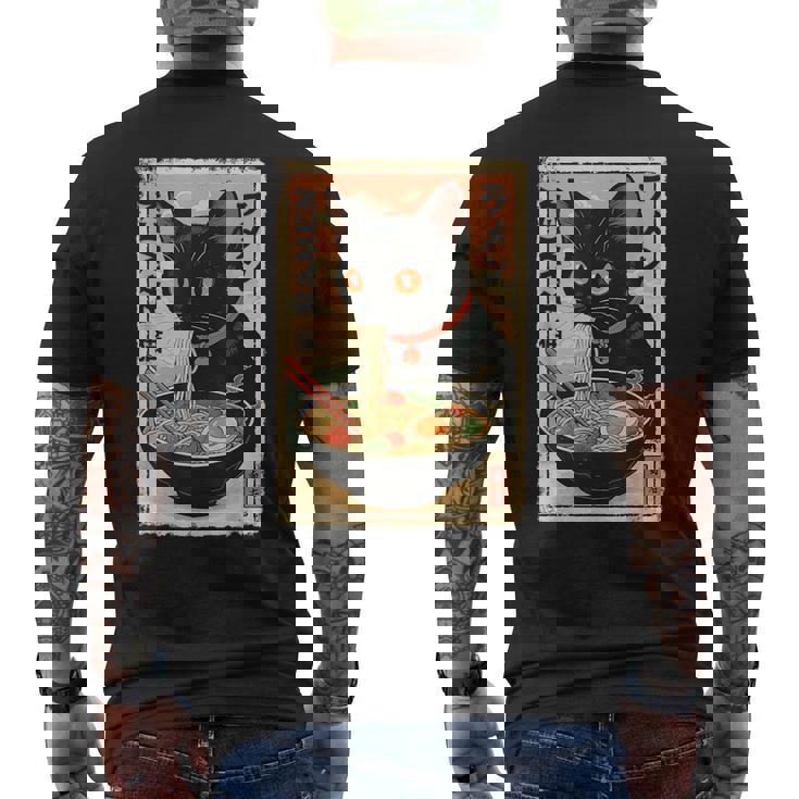 かわいい猫とラーメン麺 日本のアニメ漫画 メンズTシャツ バックプリント