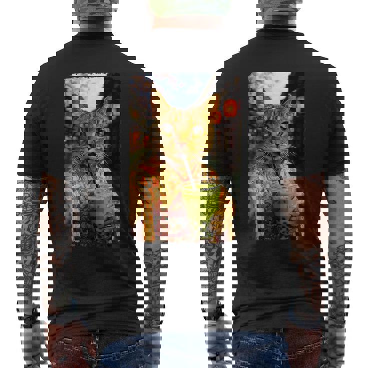 かわいい着物猫 自撮り 抹茶 バブルティー メンズTシャツ バックプリント