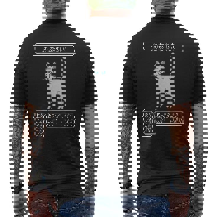 ねこがあらわれた！ 猫好き ゲーム好き ネコ飼い ネコママ 猫ママ ネコパパ 猫パパ Rpg ゲーム 猫 ねこ ネコ メンズTシャツ バックプリント