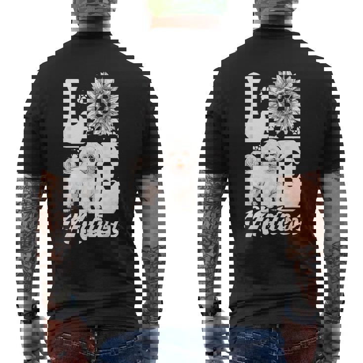 アイ・ラブ・マルチーズ・ドッグ・オーナー・ファニー・ポー・プリント・サンフラワー・ラバー メンズTシャツ バックプリント