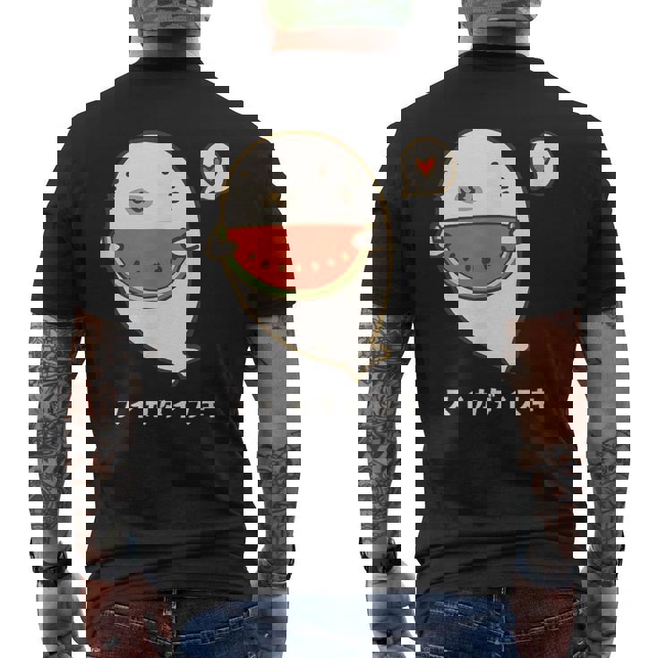 アザラシ 海豹 すいか スイカ大好き アザラシ かわいい イラスト アザラシ好き スイカ イラスト 手書き メンズTシャツ バックプリント