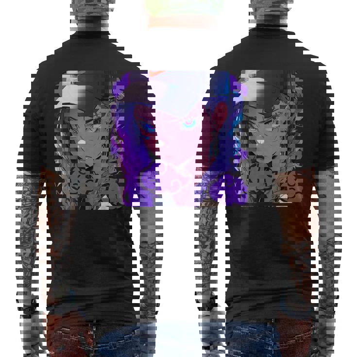 アニバエオタク美少女アニメ少女 紫髪ミステリアス メンズTシャツ バックプリント