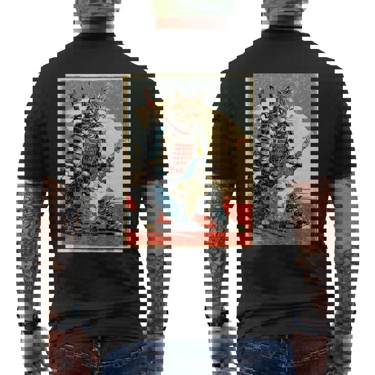 アニメ 日本の侍猫 エレキギターを弾くアートワーク メンズTシャツ バックプリント