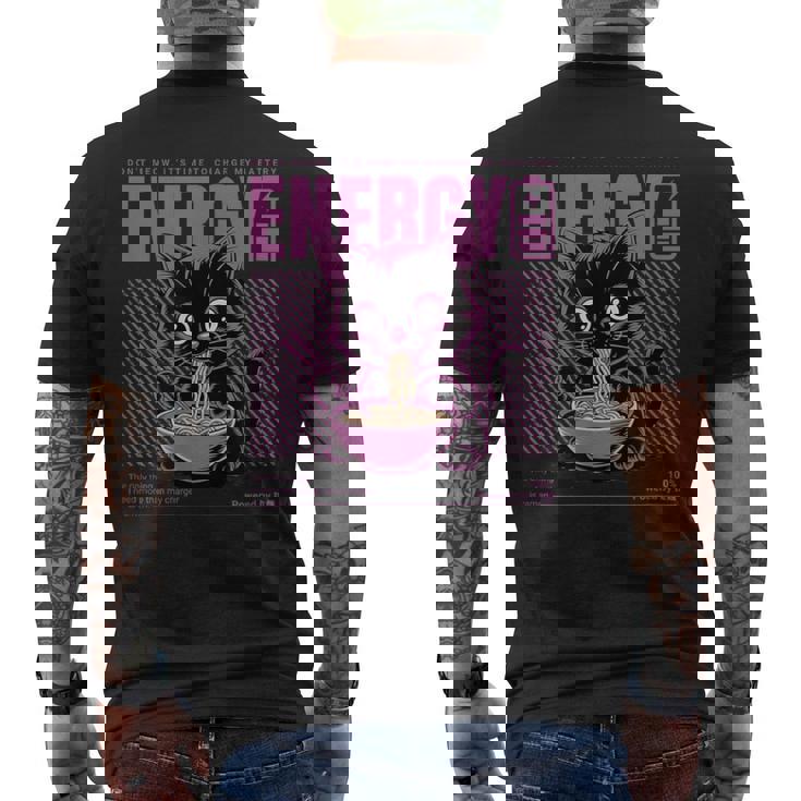 アニメ風ラーメン猫デザイン 充電と食欲のエネルギー系グラフィック メンズTシャツ バックプリント