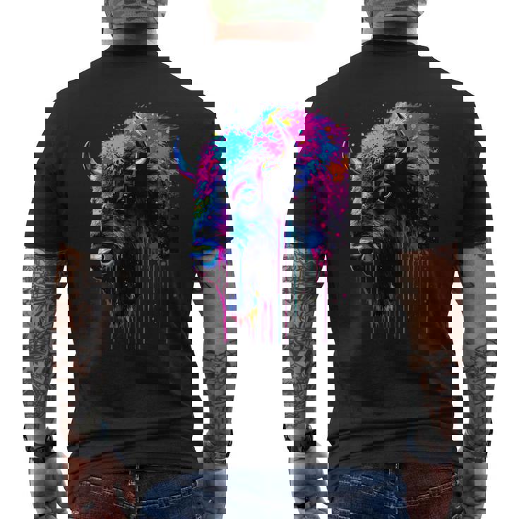 アメリカンバイソンカラーポップアート 美しいアメリカンバイソン愛好家 メンズTシャツ バックプリント