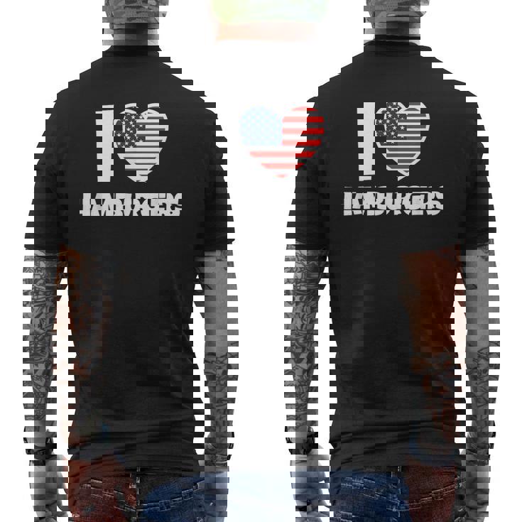 アメリカ国旗とハートのアイ・ラブ・ハンバーガー メンズTシャツ バックプリント