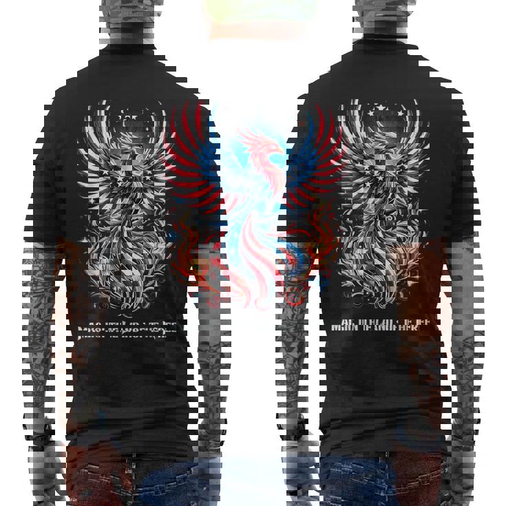 アメリカ神話 伝説のクリーチャー アメリカンフェニックス 自由の鳥 復活 火の鳥 メンズTシャツ バックプリント
