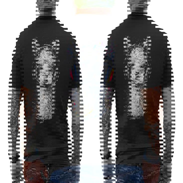 アルパカ アニマル モチーフ 音楽 ヘッドホン イラスト アルパカ メンズTシャツ バックプリント