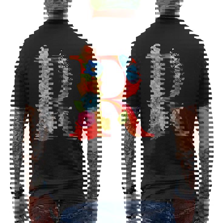 イニシャル R アルファベット バタフライ ローズ 花 水彩 モノグラム メンズTシャツ バックプリント