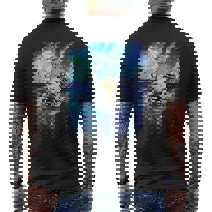 イルカと北のシロクマ、ライトとイルカ メンズTシャツ バックプリント