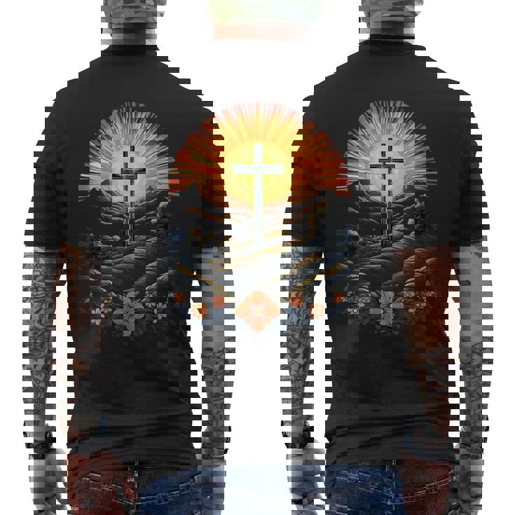 イースターデー クロスフラワー サンセット クリスチャン イースター メンズTシャツ バックプリント