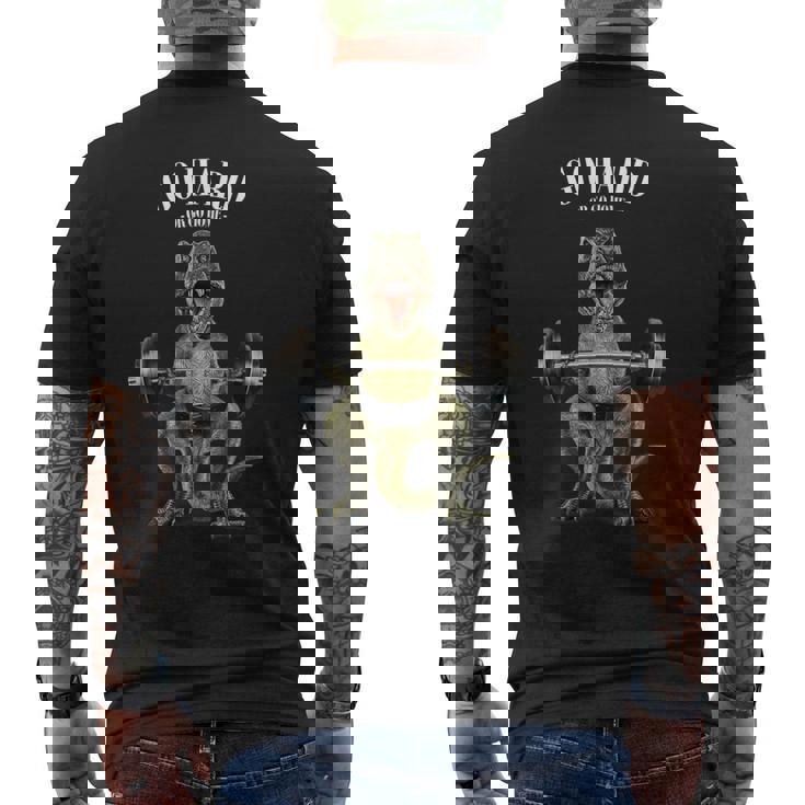 ウェイトリフティング 筋トレ バーベル やる気がないなら家に帰れ 恐竜 ティラノザウルス メンズTシャツ バックプリント