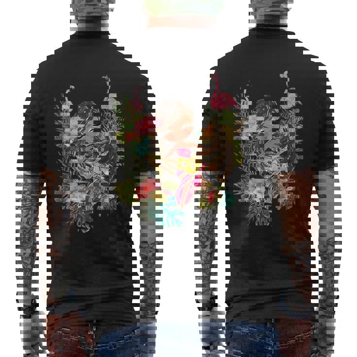 ウクレレフラガールティキバケーションハワイアンルアウビーチフラミンゴ メンズTシャツ バックプリント