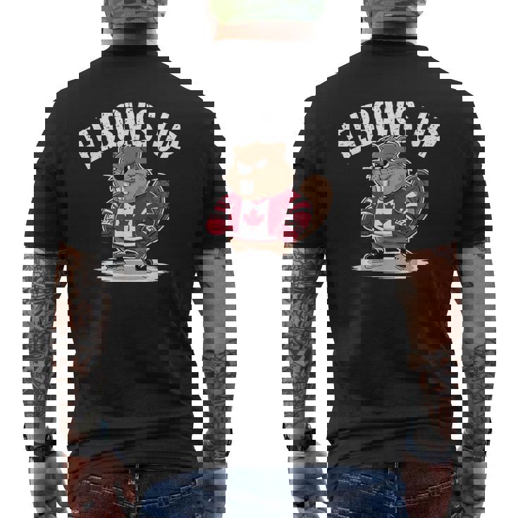 エルボーズ アップ ホッケー ビーバー カナダ人 誇り高き北 強くて自由 メンズTシャツ バックプリント