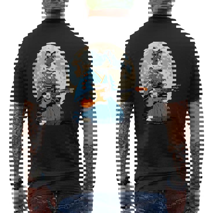 エレキギターを弾く日本猫 着物&猫ギター メンズTシャツ バックプリント