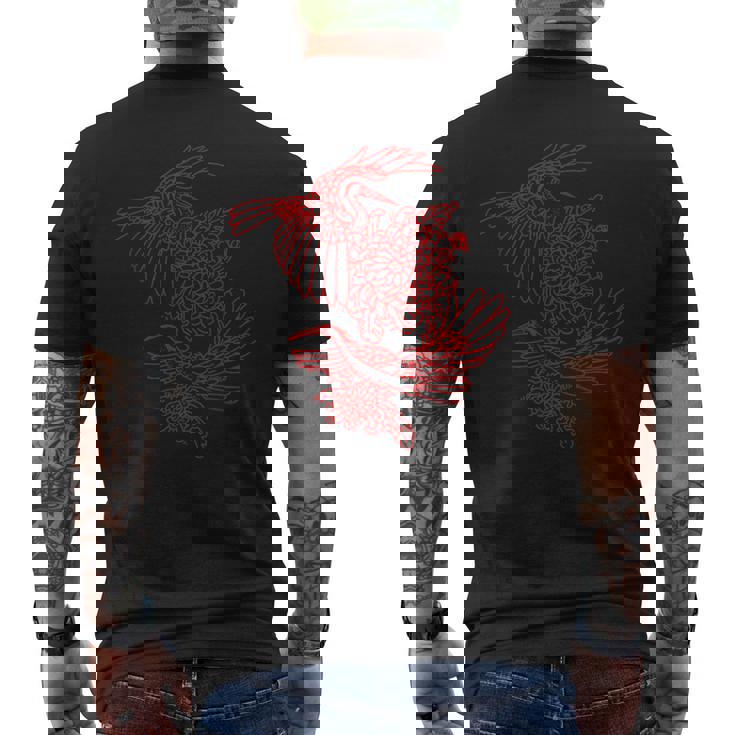 オリジナルツインサギと菊レッドラインアート メンズTシャツ バックプリント