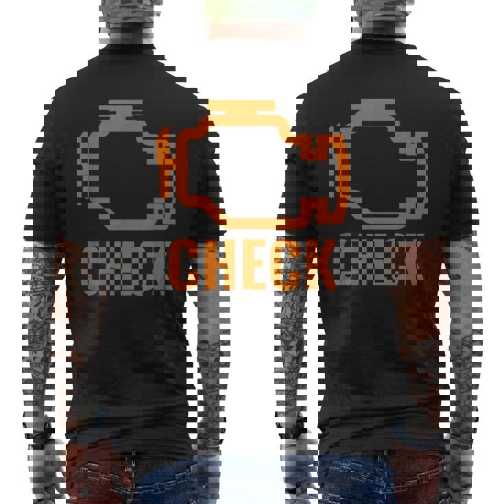 オレンジ色の車のエンジンダッシュボード警告灯 面白いメカニック。 メンズTシャツ バックプリント