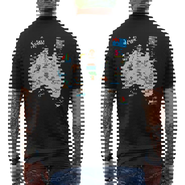オーストラリアの地図。風景、動物、文化、シンボルのアイコン メンズTシャツ バックプリント