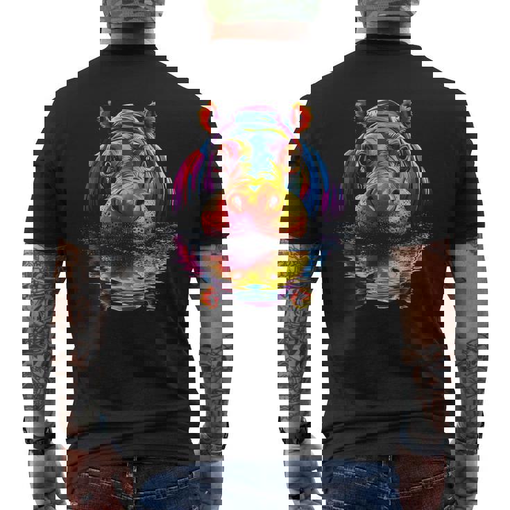 カバ カラフル アート 動物 かわいい グラフィック モチーフ カバ メンズTシャツ バックプリント