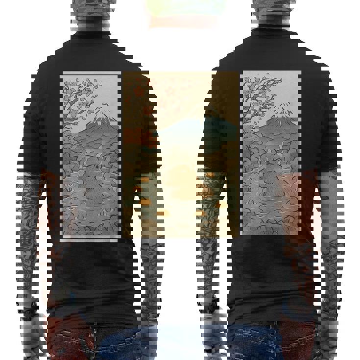 カピバラ 桜と温泉のカワイイアート メンズTシャツ バックプリント