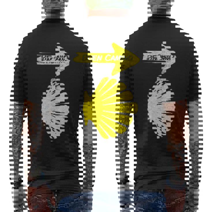 カミーノデサンティアゴの巡礼のシンボル、ブエンカミノシェル メンズTシャツ バックプリント