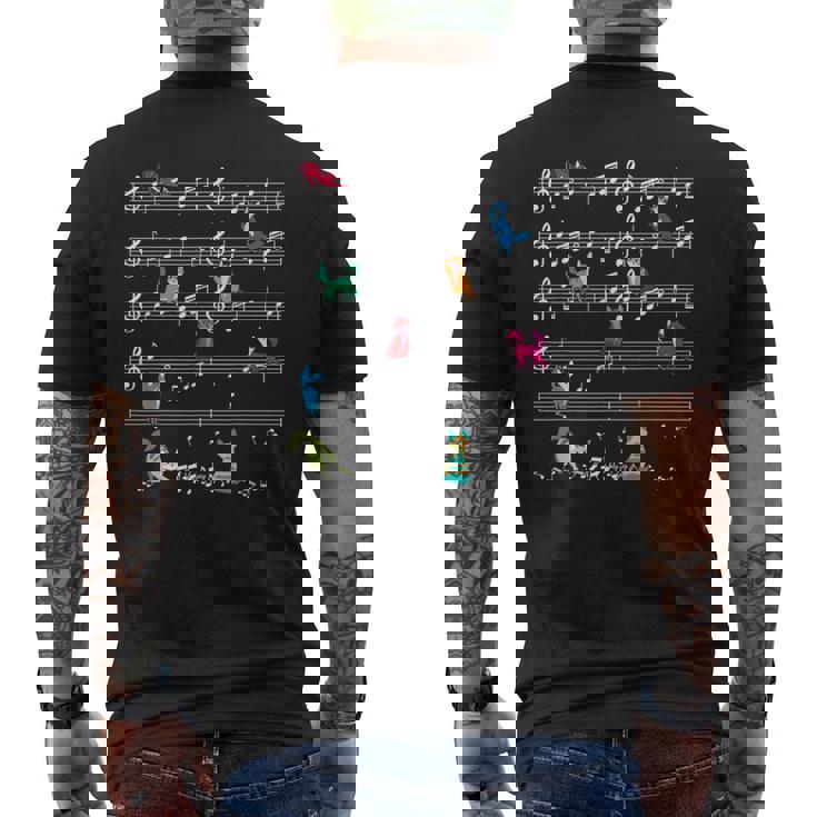 カラフルでかわいい猫 音符 楽譜 メンズTシャツ バックプリント