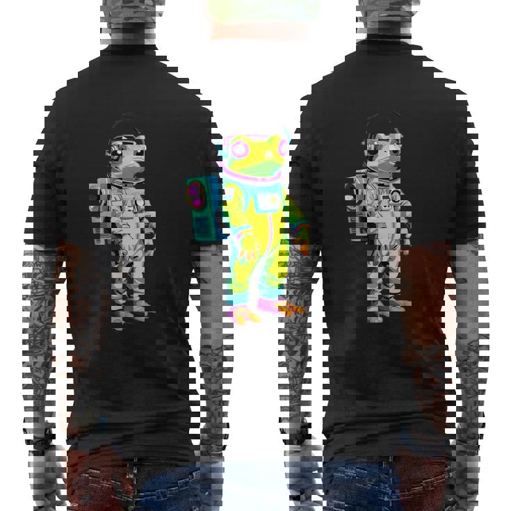 カラフルなカエルの宇宙飛行士キャラクター メンズTシャツ バックプリント