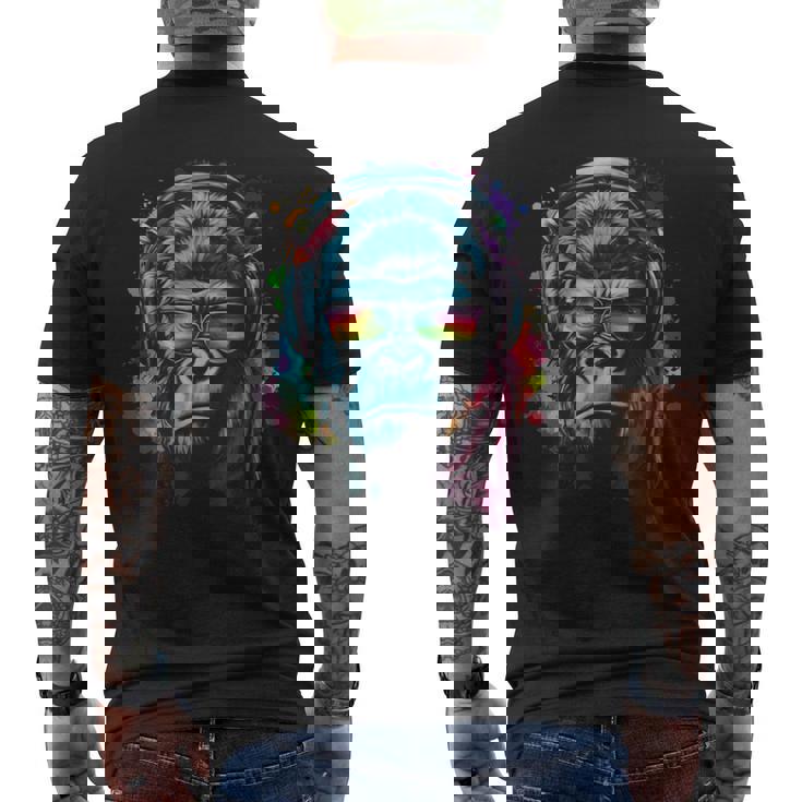 カラフルなゴリラとヘッドフォン レインボー バイブス エイプ モチーフ メンズTシャツ バックプリント